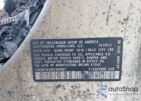 2013 Volkswagen Passat 2.5L Se из США, поврежденный, VIN 1VWBP7A39DC056557